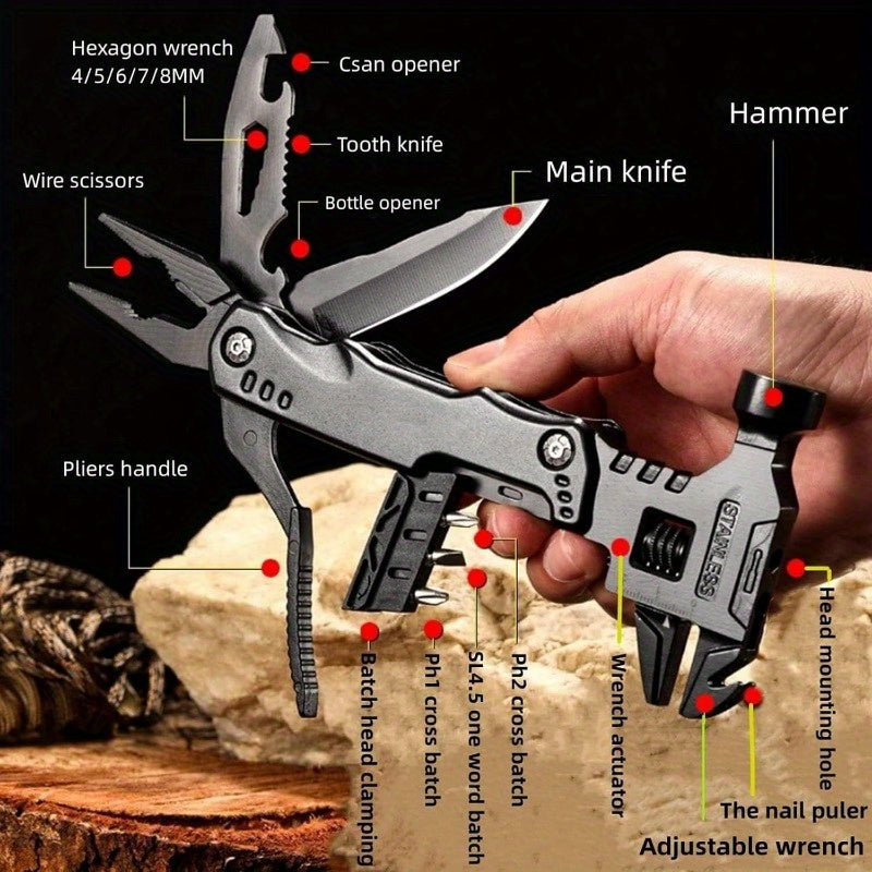16-in-1 Multitool Pocket Multi Tool Stainless Steel Foldable Pliers Wrench Screwdriver Knife Hammer Camping Gear Gift for Dad
