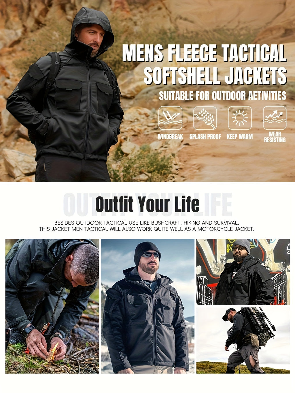 Men's Windproof Soft Shell Jacket with Hood & Pockets Scratch-Resistant Fleece-Lined Outdoor Zip-Up Coat for Hiking Cycling Camping – Lightweight Spring Fall Jacket for Men S M L