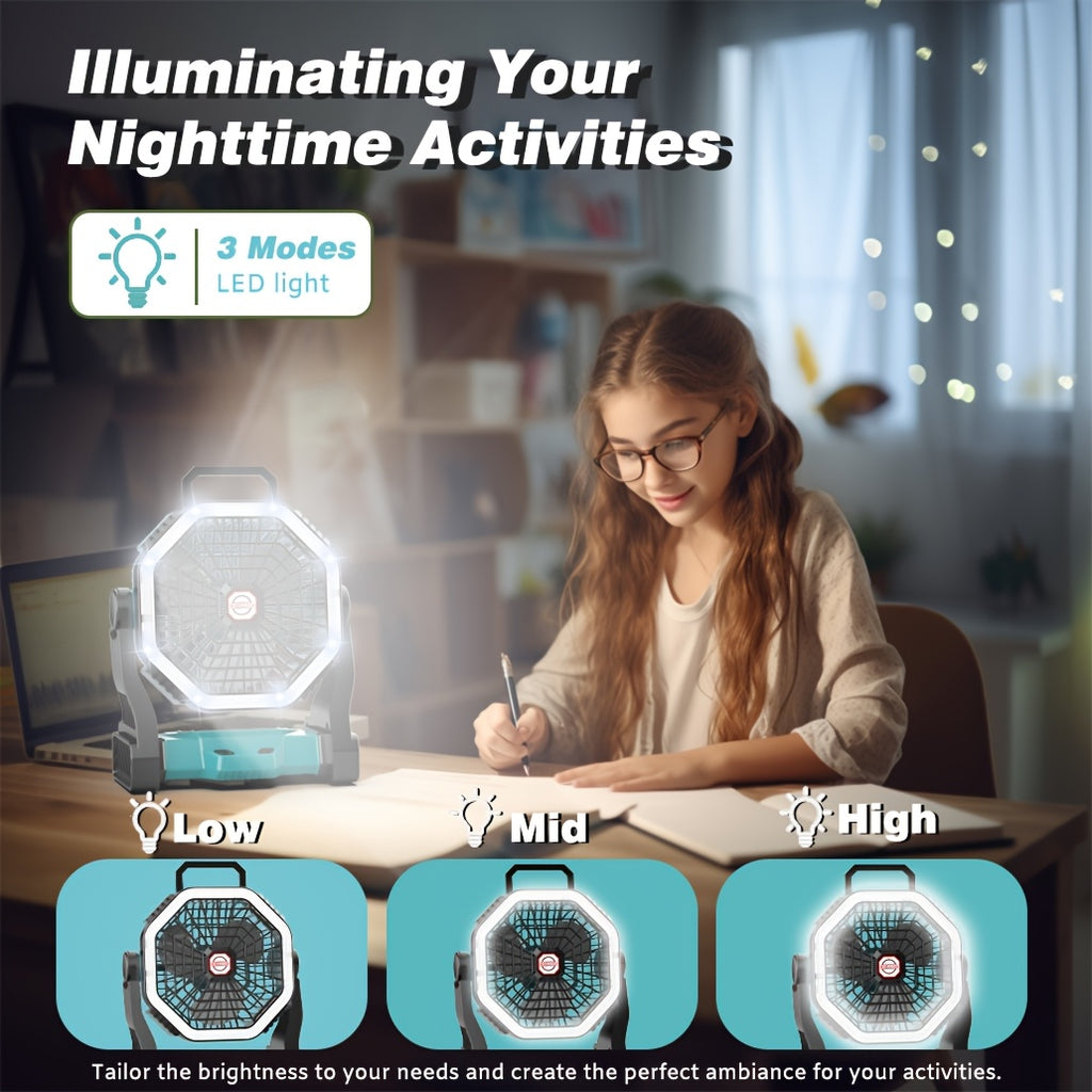 Camping Fan with LED Light Rechargeable USB Battery 4-Speed 3 Lighting Modes Hanging Rope Tent Outdoor Travel Indoor Portable
