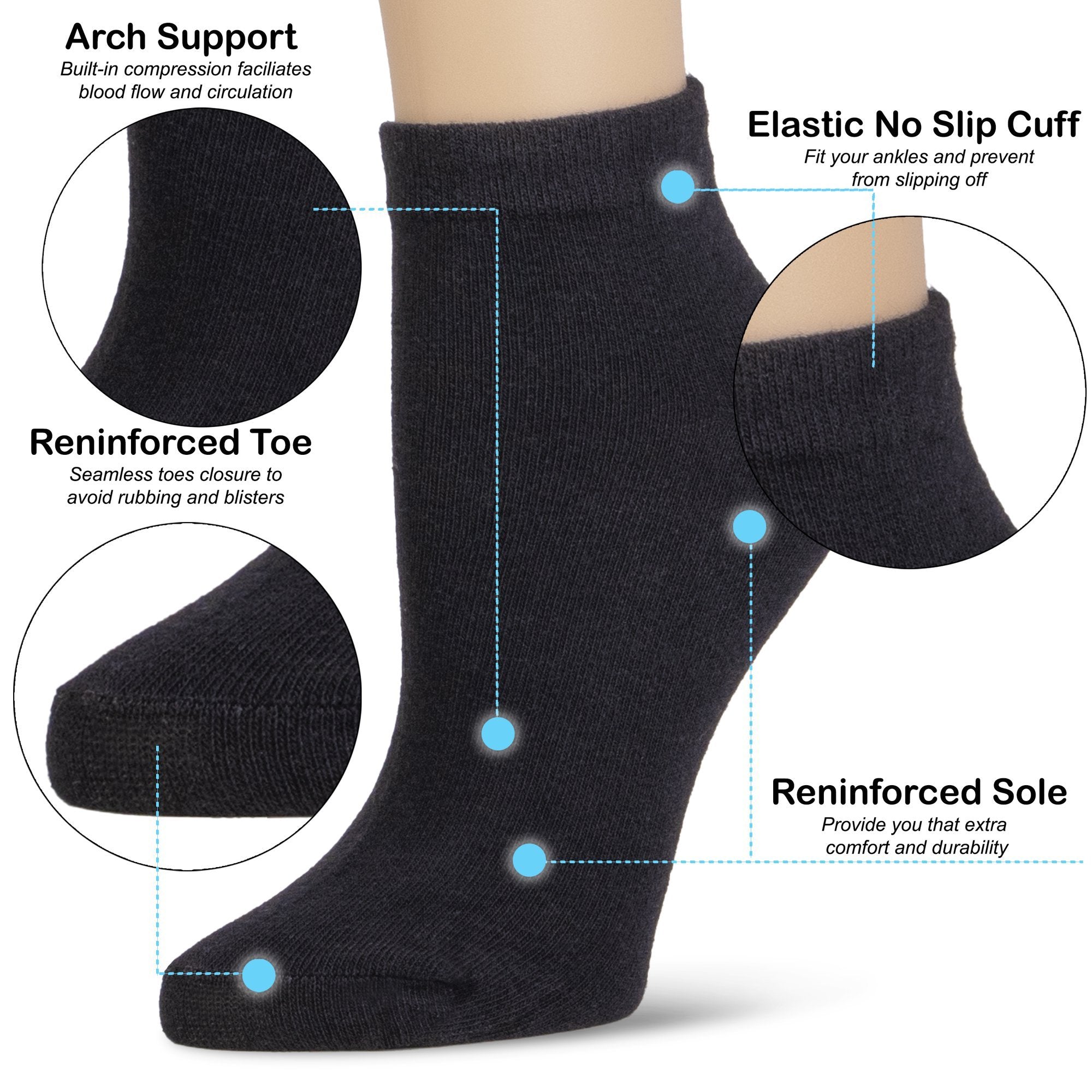 Athletic Cotton Ankle Socks 12-Pack for Men Women – Low Cut Breathable Moisture-Wicking Running Sport Socks, Reinforced Heel & Toe, White Black Mixed, Sizes 9-11 & 10-13