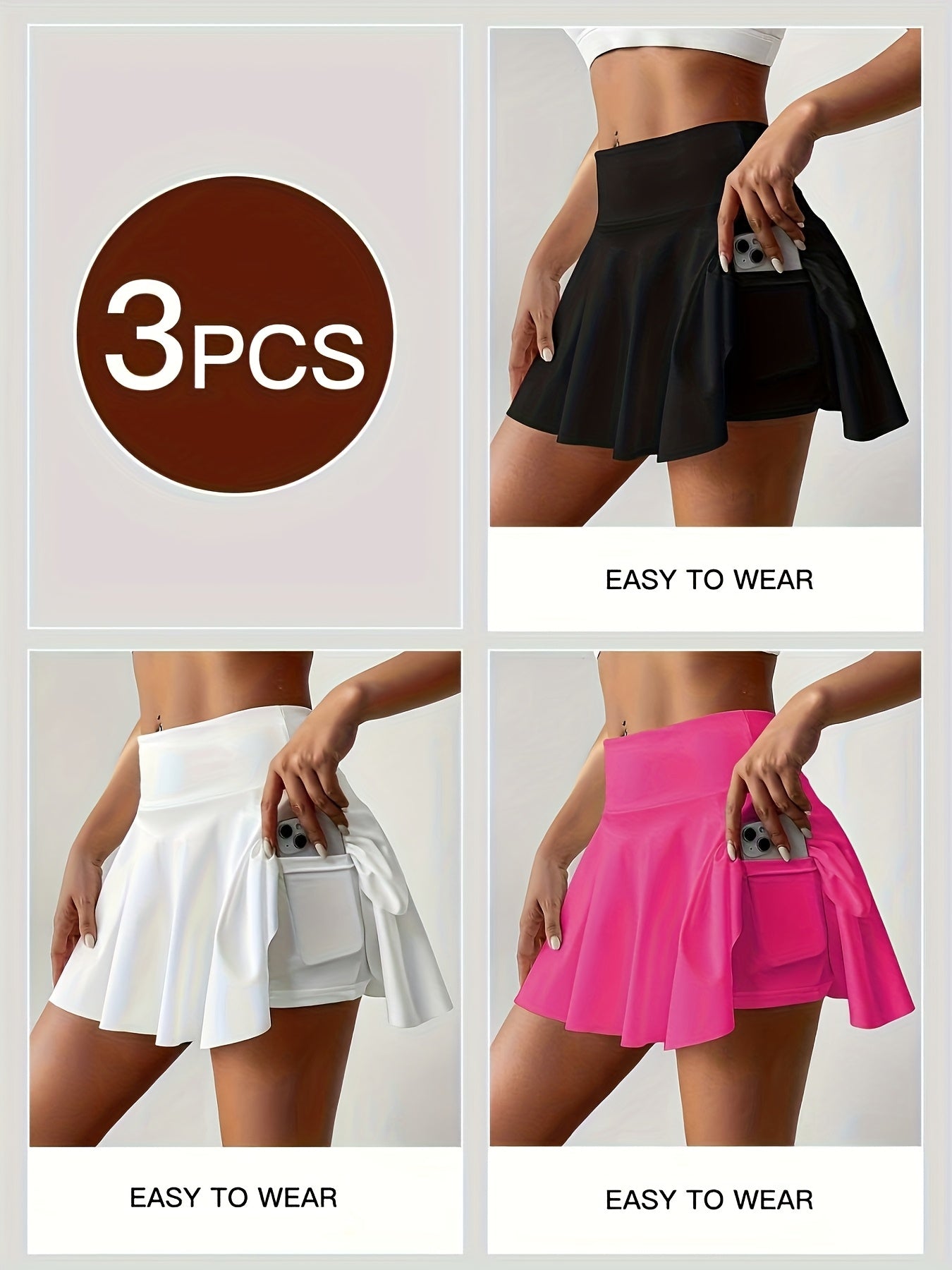 Women's Athletic Skort 3-Pack High Waisted with Built-In Shorts & Pockets – Tennis Golf Pickleball Running Skirt S-XXL Orange Navy White