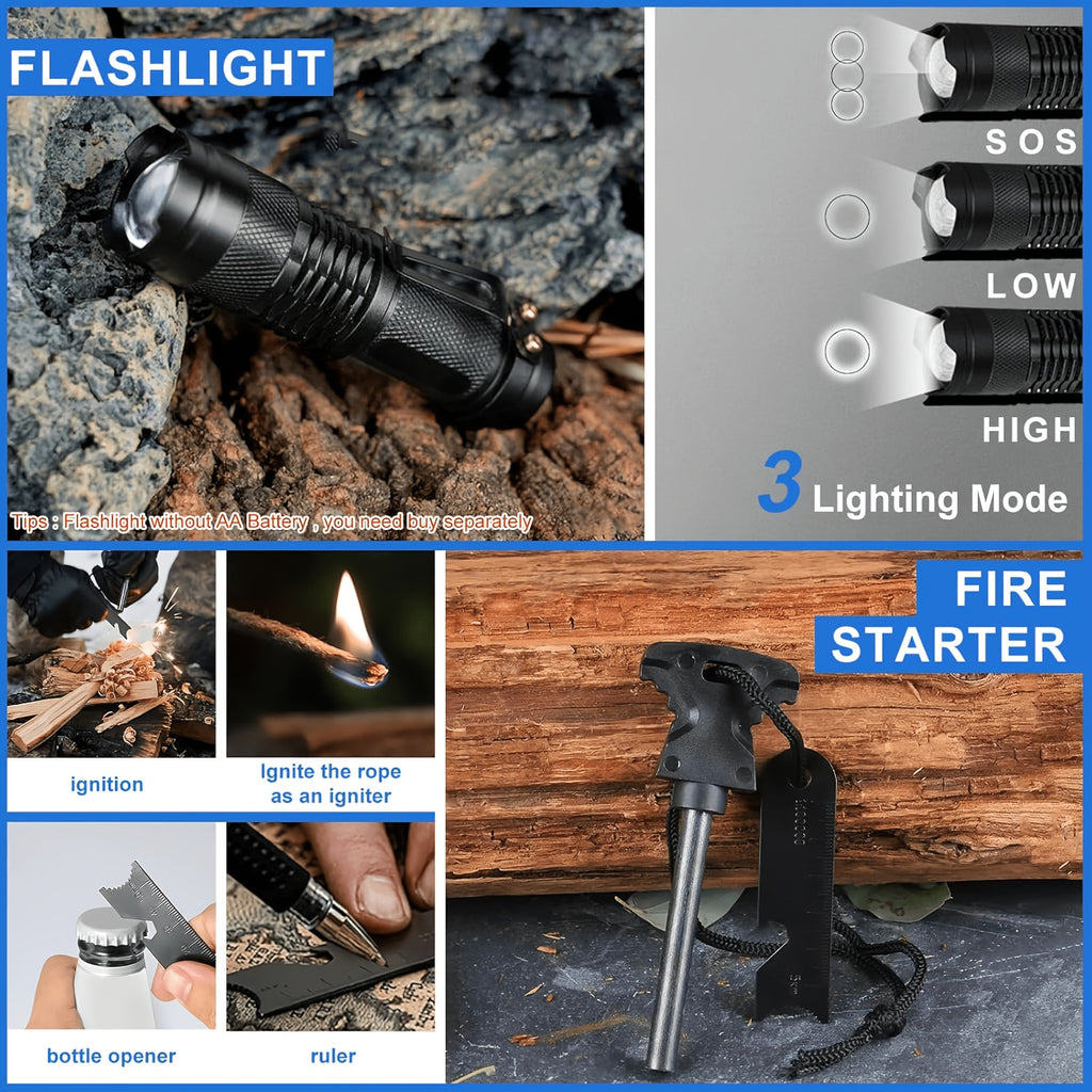 Survival Kit Multi-Tool Emergency Gear Set 12–115 Pcs with Magnesium Fire Starter – Camping Hiking Outdoor Adventure Essentials – Multiple Styles – Cool Gift for Men Dad Husband Boyfriend Teen