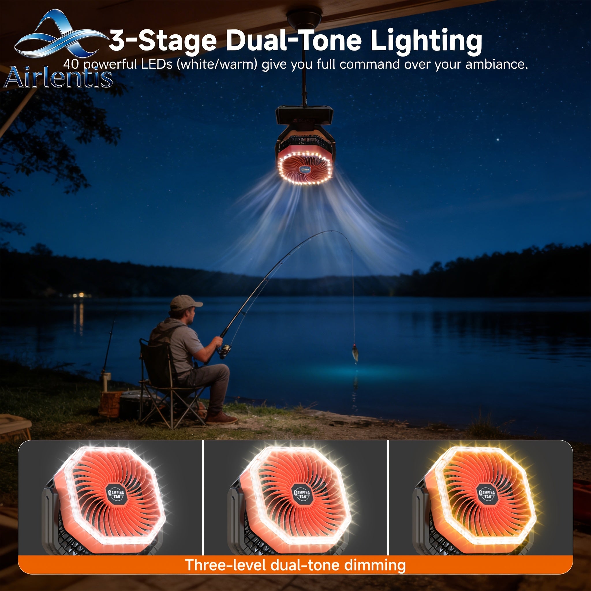 20000mAh Portable Camping Fan 180° Oscillating 4-Speed Brushless Motor LED Light 22-26H Battery USB Rechargeable for Camping Hiking Picnic Emergency Gray Pink Green Black Orange