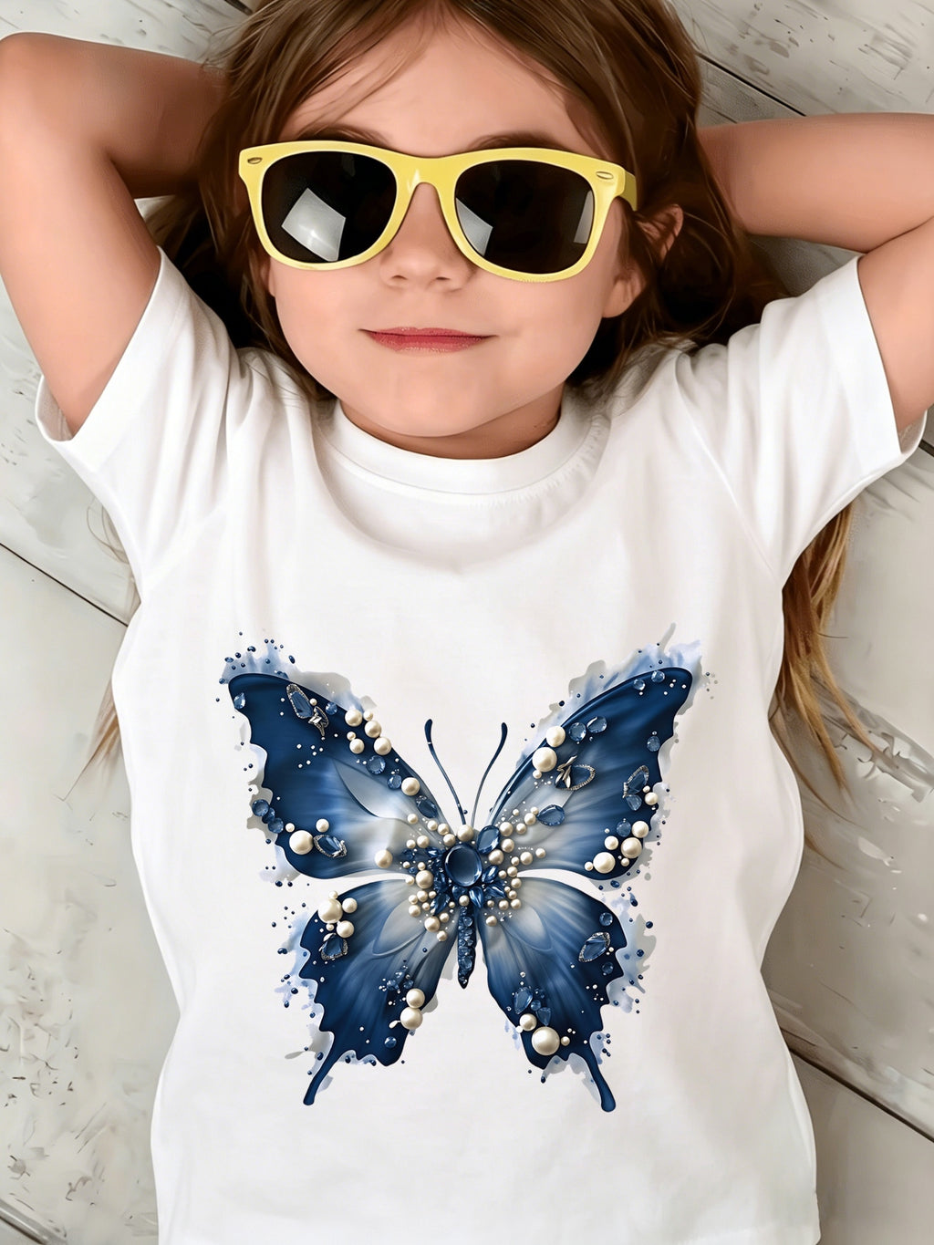 Women's Butterfly Graphic Front Knot T-Shirt – Sparkling Blue Print White Casual Tee for Summer Outings, Vacation, Beach & Everyday Wear | Sizes 3Y–13Y