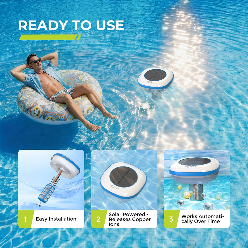 Solar Powered Pool Ionizer - Chemical-Free Floating Water Purifier for Pools Up to 45,000 Gallons - Chlorine Reducer with Brass Parts & Cleaning Brush - Reusable Summer Pool Accessory