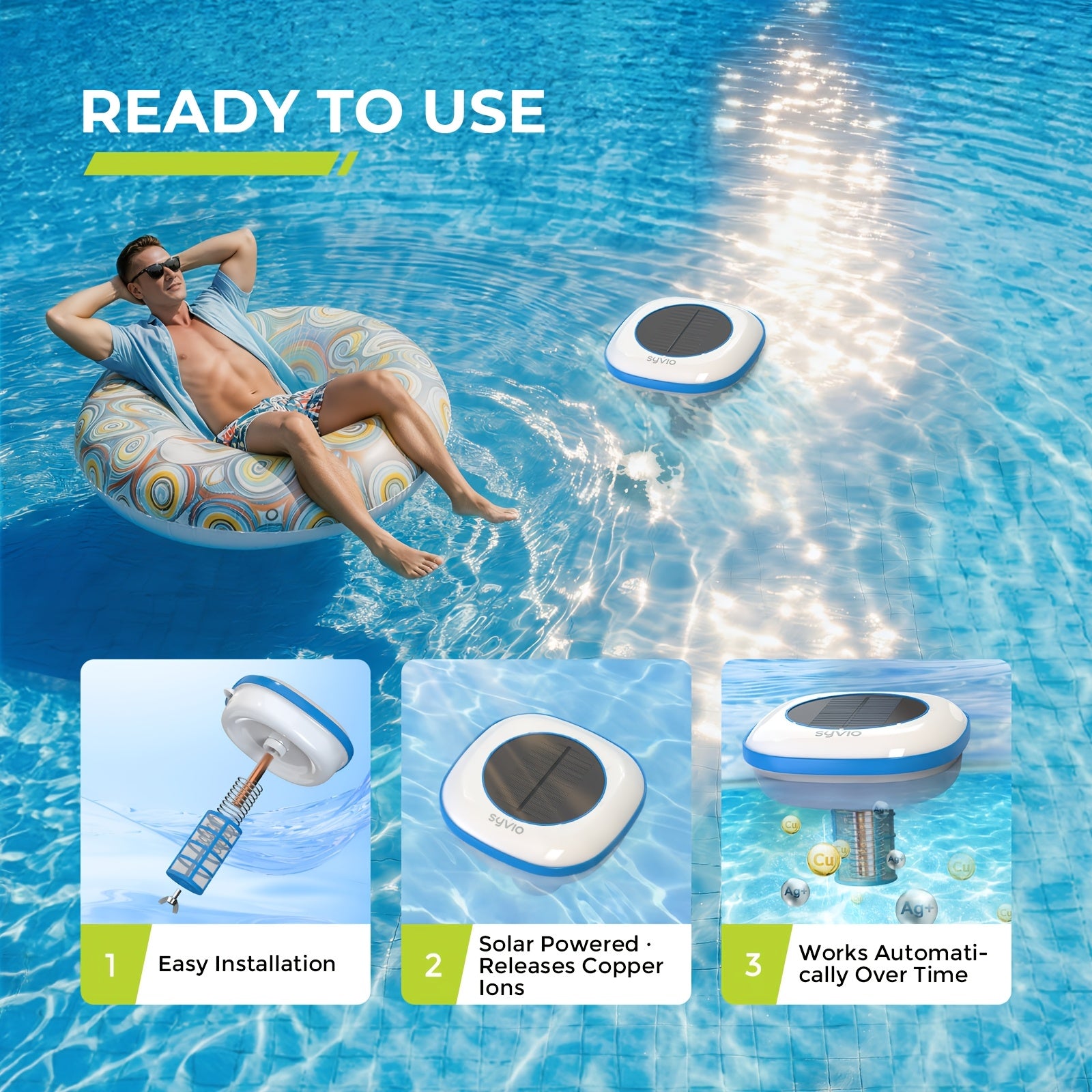 Solar Powered Pool Ionizer - Chemical-Free Floating Water Purifier for Pools Up to 45,000 Gallons - Chlorine Reducer with Brass Parts & Cleaning Brush - Reusable Summer Pool Accessory