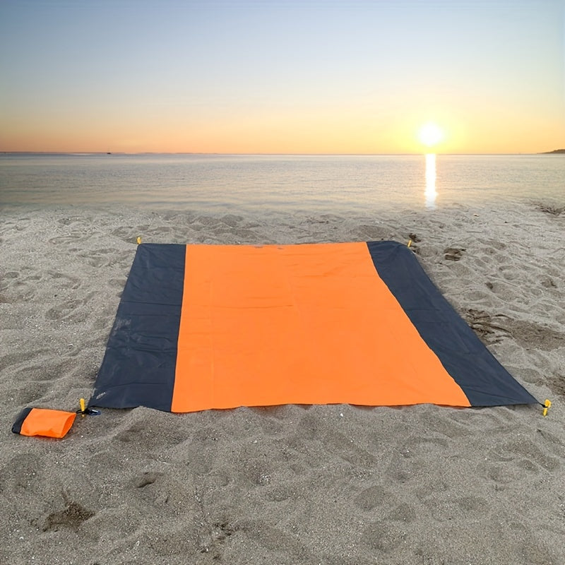 Sandproof Beach Blanket Foldable Mat with 4 Corner Stakes – Lightweight Portable Outdoor Blanket for Beach, Camping, Hiking, Travel & Picnic