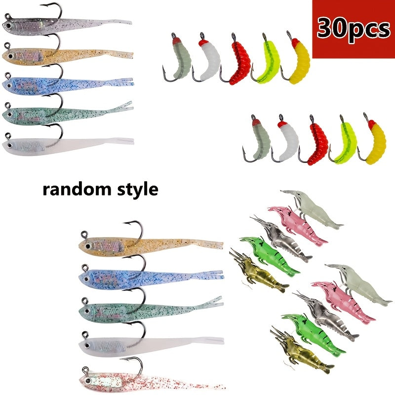 Soft Fishing Lures 30-Pack Pre-Rigged with Hooks – Mixed Bionic Swimbaits for Bass Trout Panfish Perch Crappie Freshwater Saltwater Lifelike Soft Plastic Artificial Bait Kit with Worms Grubs Paddle Tail Creature Baits