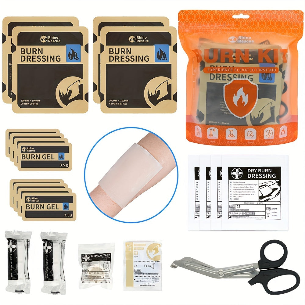 RHINO RESCUE Burn Dressing Kit Emergency Burn First Aid Kit – Portable Burn Care Set for Home Office Car Camping Outdoor – Visible Orange Emergency Burn Treatment Kit for Adults & Families