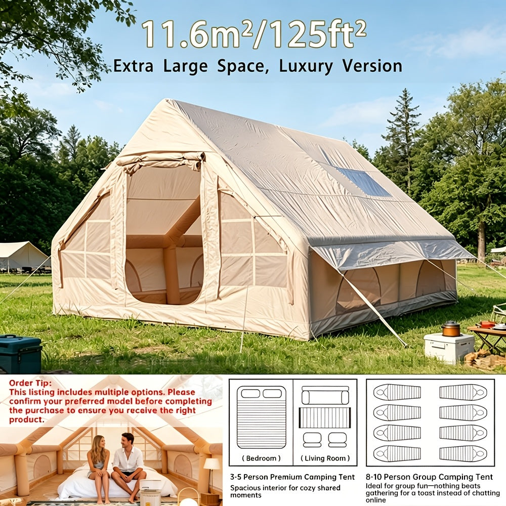 Inflatable Glamping Tent for 4-6 Person – 4-Season Large Luxury Air Tent with Optional Skylight & Stove Jack, Manual Pump Included, Windproof Family Camping Shelter (6.3-12 sqm)