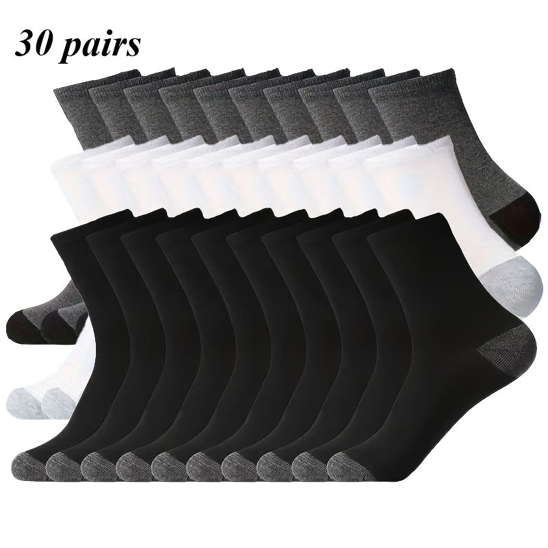 Men's Athletic Crew Socks Bulk Pack 20 & 30 Pairs – Breathable Sweat-Wicking Mid-Calf Sports Socks Black White Grey Combo One Size