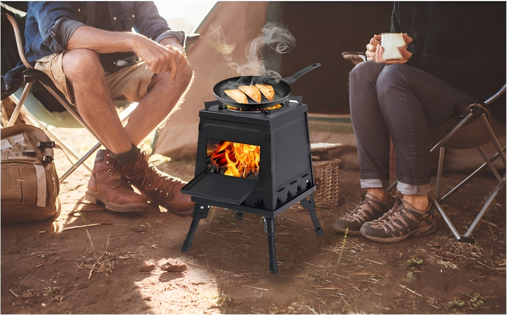 Portable Wood Burning Camp Stove – Heavy-Duty Iron Campfire Stove with Sturdy Legs & Air Vents for Hiking, Backpacking, BBQ, Picnic & Travel, No Electricity Needed