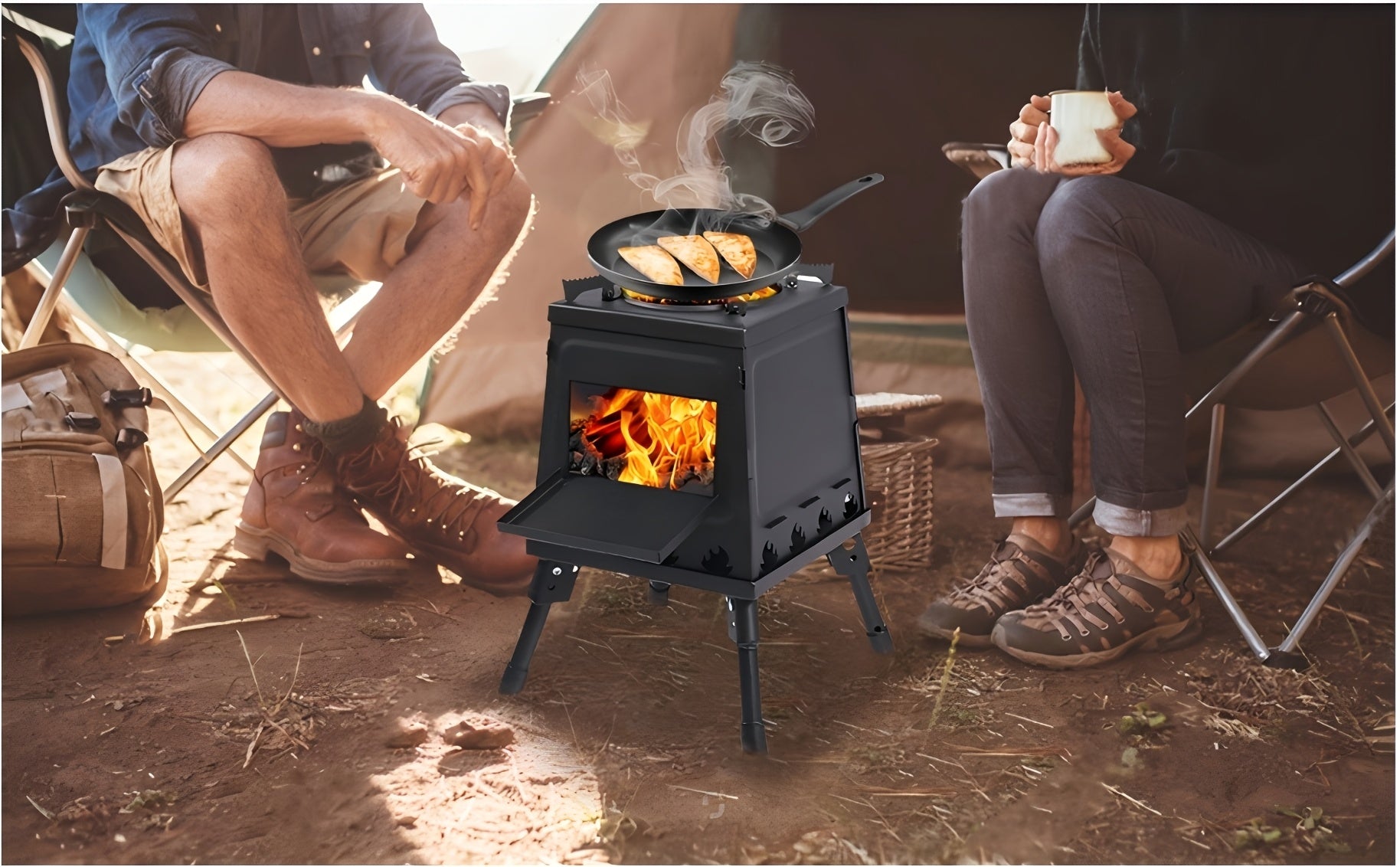 Portable Wood Burning Camp Stove – Heavy-Duty Iron Campfire Stove with Sturdy Legs & Air Vents for Hiking, Backpacking, BBQ, Picnic & Travel, No Electricity Needed