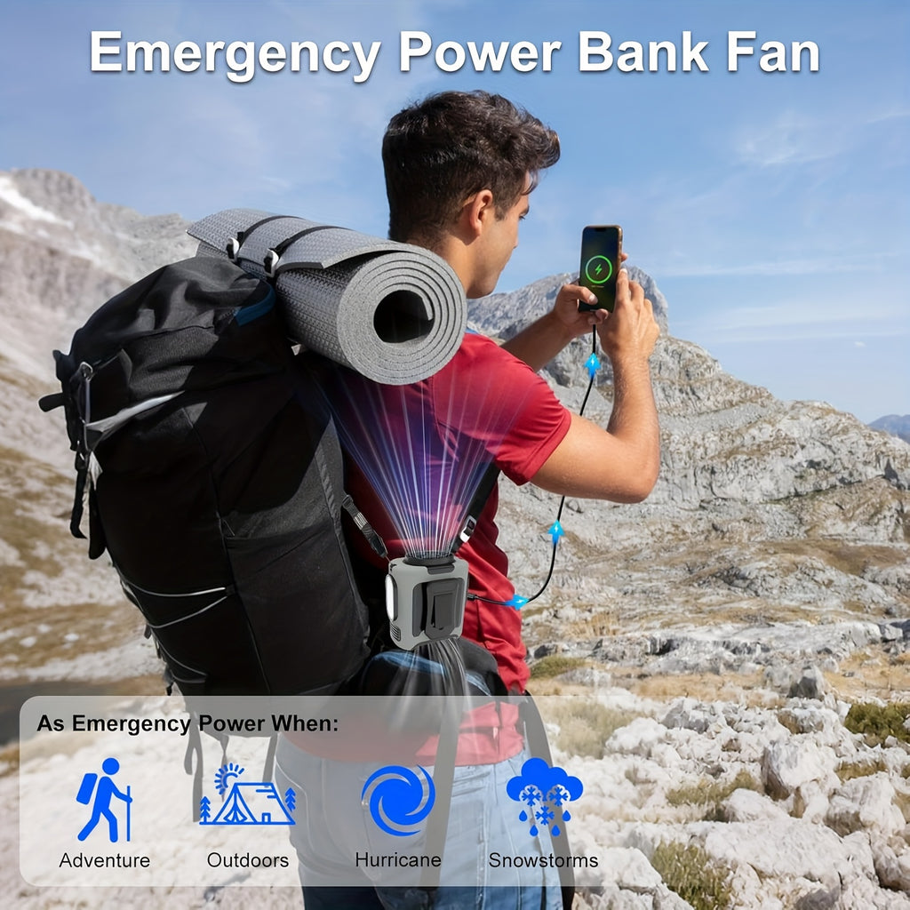 Wearable Belt Fan 10000mAh 3-in-1 – 40-Hour Hands-Free Cooling, 5-Speed 30000RPM Motor, Dual Clip, Built-In Flashlight & Phone Power Bank for Camping, Outdoor & Travel | 1 or 2 Pack