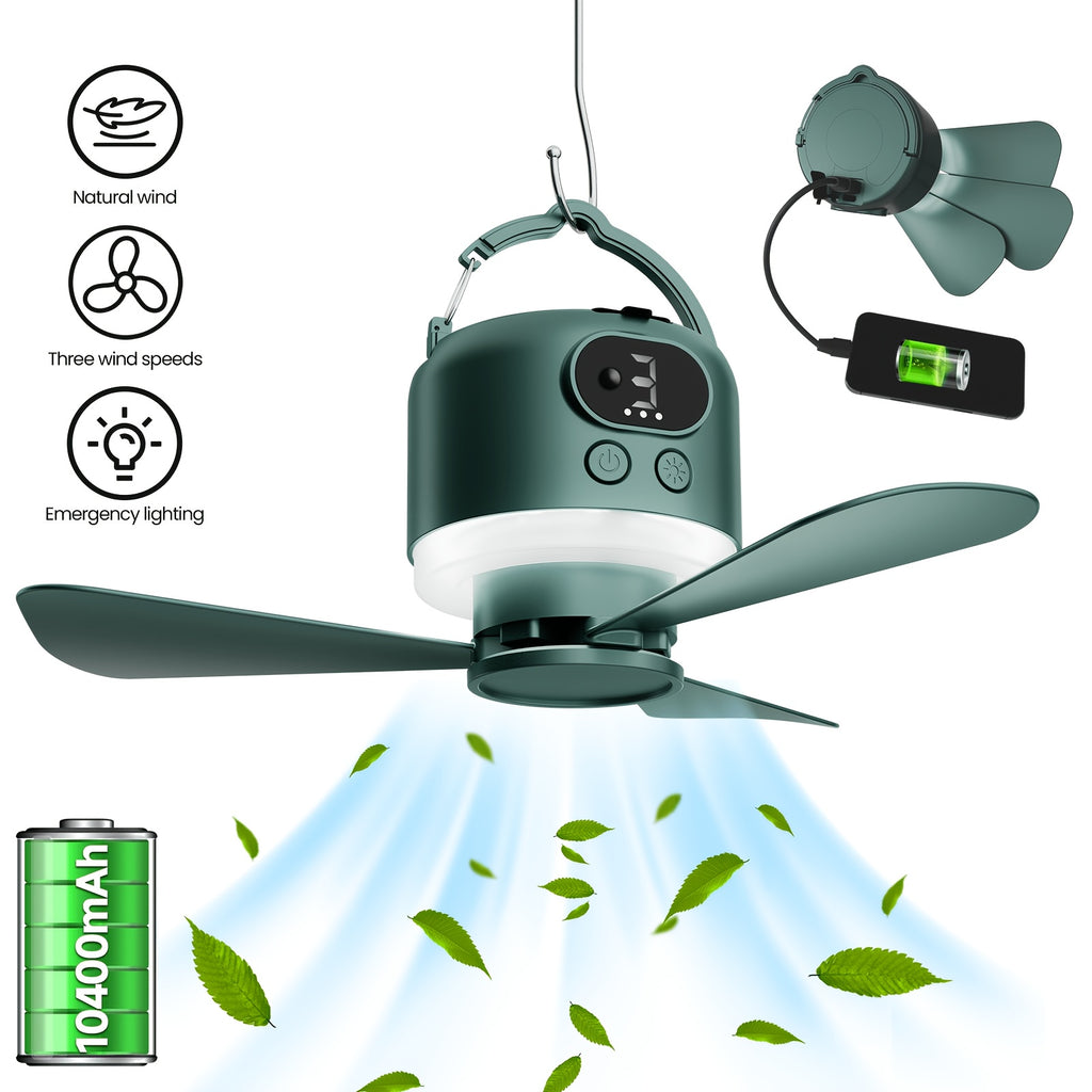 Portable Camping Ceiling Fan 10400mAh USB Rechargeable Tent Fan with Remote Control LED Light Detachable Blades 4 Speed Settings for Camping Hiking Outdoor Travel