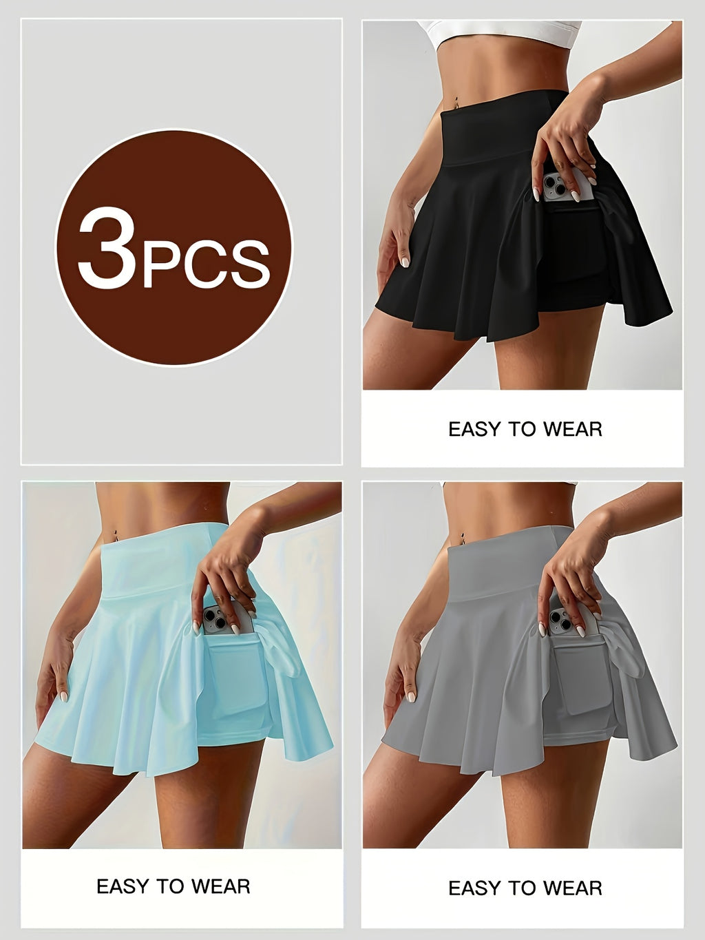 Women's Athletic Skort 3-Pack High Waisted with Built-In Shorts & Pockets – Tennis Golf Pickleball Running Skirt S-XXL Orange Navy White