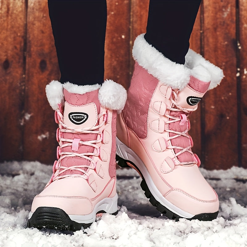 Women's High Top Snow Boots – Non-Slip Warm Fleece-Lined Winter Boots, Rubber Sole, Lace-Up, Outdoor Travel, US 5.5-10, Black White Hot Pink