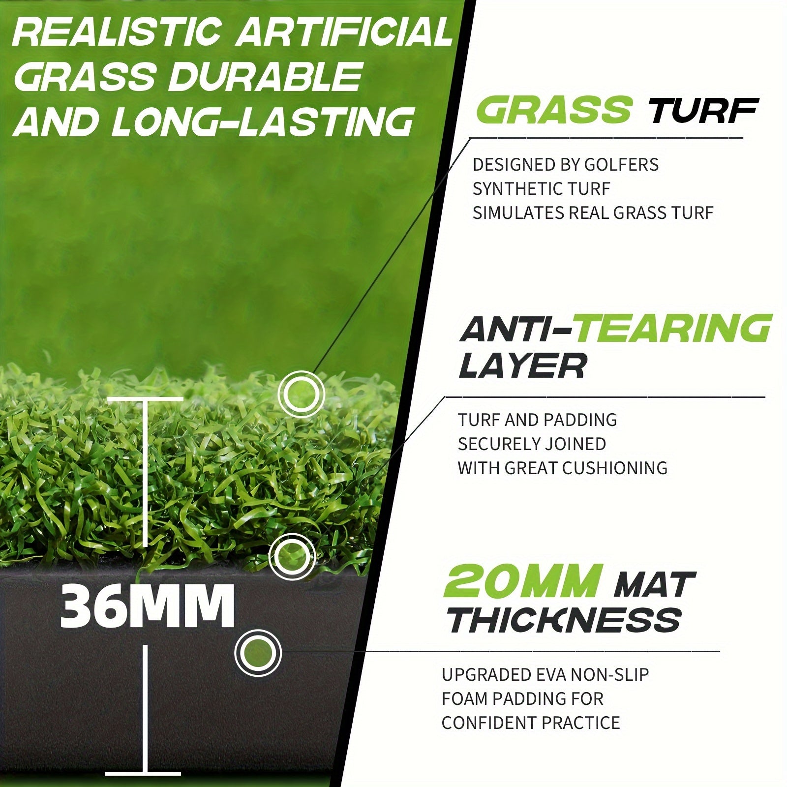 Golf Hitting Mat 5x3ft 21mm & 5x4ft Dual-Turf 31mm – Indoor Outdoor Practice Mat with Balls Tees Gift for Golfers