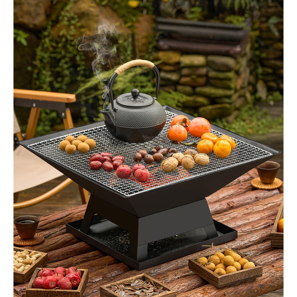 18.5 Inch Outdoor Fire Pit Heavy Duty Iron BBQ Grill with Combustion Grate, Ash Collector, Fireproof Cover & Charcoal Hook - Backyard Wood Burning Fire Bowl for Camping, Picnics, Patio, Thanksgiving