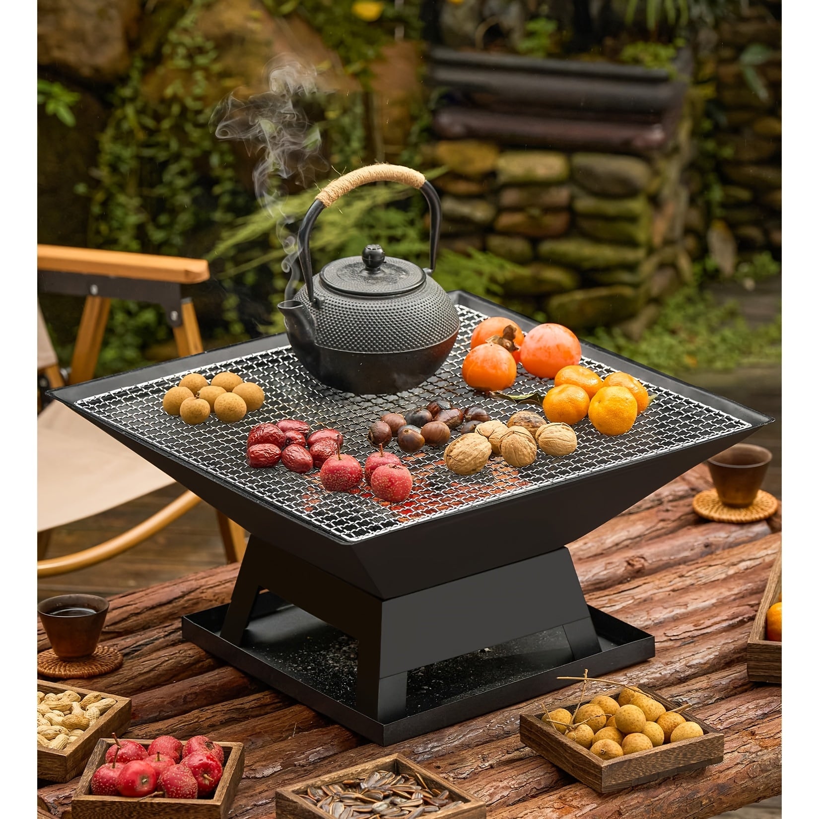 18.5 Inch Outdoor Fire Pit Heavy Duty Iron BBQ Grill with Combustion Grate, Ash Collector, Fireproof Cover & Charcoal Hook - Backyard Wood Burning Fire Bowl for Camping, Picnics, Patio, Thanksgiving