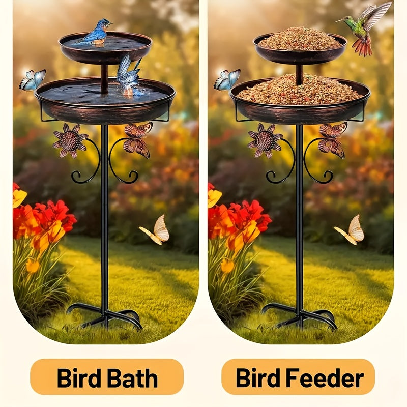 Bird Bath for Outdoor Garden - 42 Inch Heavy Duty Metal Double Layer Bird Bath & Feeder, Large Capacity Water Basin, 5-Claw Stable Base, Easy to Install & Clean, Copper Color Yard Decoration