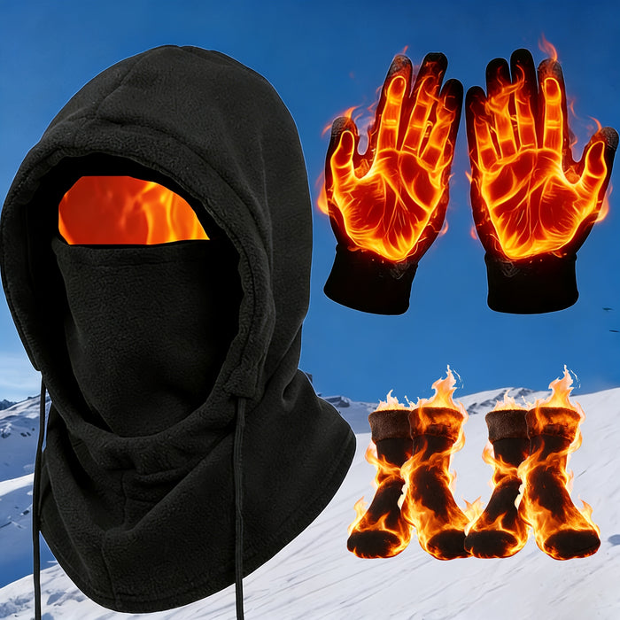Winter Thermal Set 3 4pcs Face Mask Hat Touchscreen Gloves Fleece Socks Windproof Cold Weather Gear for Men Women – Snowboarding Hiking Ice Fishing Skiing Outdoor Winter Accessories Kit