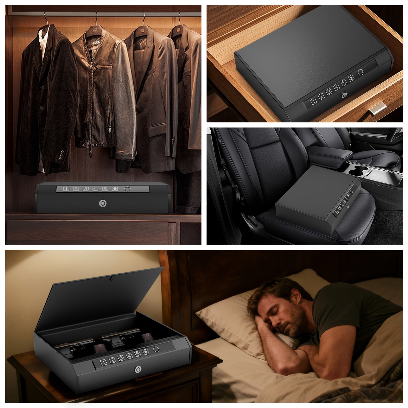 Biometric Gun Safe 3-Way Unlock – Fingerprint Digital PIN & Key Pistol Lock Box with Internal Light Silent Mode Emergency Power for Home Bedroom Nightstand Car