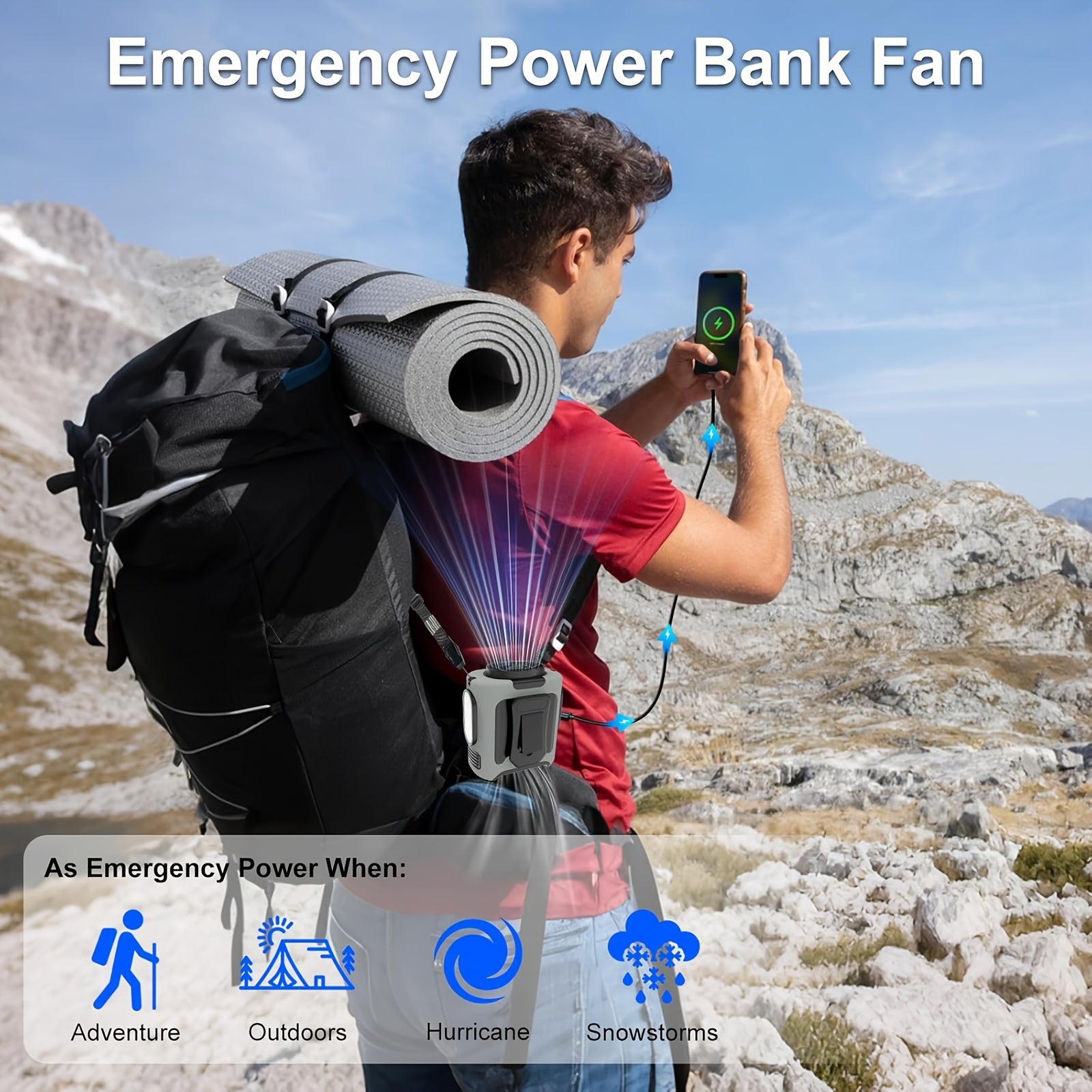 Wearable Belt Fan 10000mAh 3-in-1 – 40-Hour Hands-Free Cooling, 5-Speed 30000RPM Motor, Dual Clip, Built-In Flashlight & Phone Power Bank for Camping, Outdoor & Travel | 1 or 2 Pack