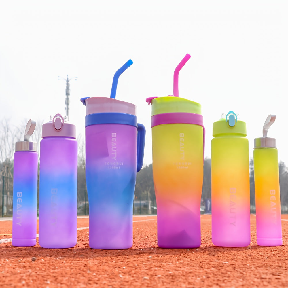 5-Piece Gradient Water Bottle Set 46oz 27oz 9oz with Straw Spill-Proof Lid & Stickers - BPA-Free Leak-Proof Plastic Sports Bottles for Gym Travel Outdoor Car Cup Holder - Gift Set