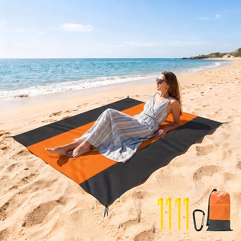 Sand-Proof Beach Blanket Extra Large – Foldable Polyester Beach Mat with 4 Corner Stakes, Lightweight Portable for Beach Camping Picnic Hiking Travel