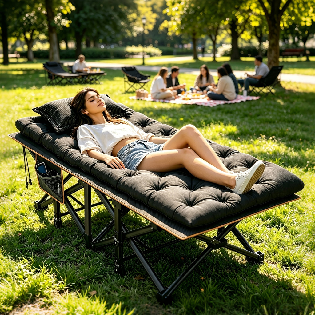 Extra Large Folding Camping Cot Bed with Mattress Option – Heavy Duty 355–750 lbs Capacity Portable Guest Bed for Adults – Foldable Sleeping Cot for Camping Travel Indoor Outdoor Use 59–77 Inch