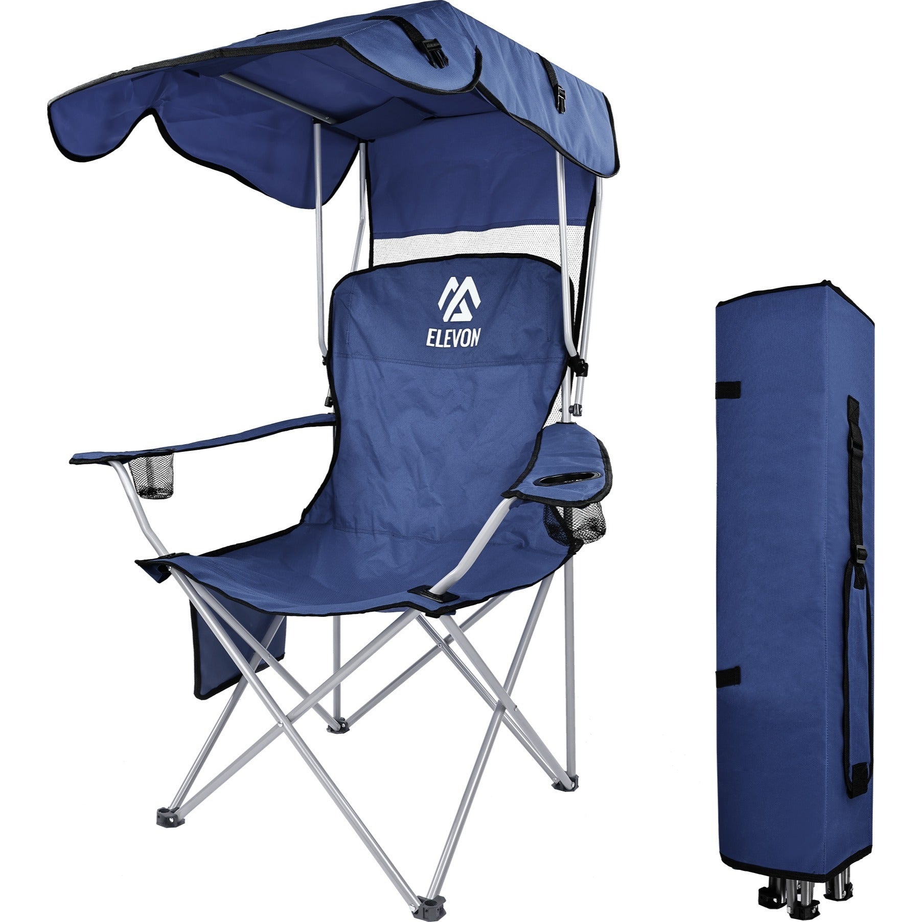 Folding Camping Chair with Canopy Sunshade Portable Beach Chair – 225 lbs Support Wide Seat Cup Holder Carrying Bag for Outdoor Lawn