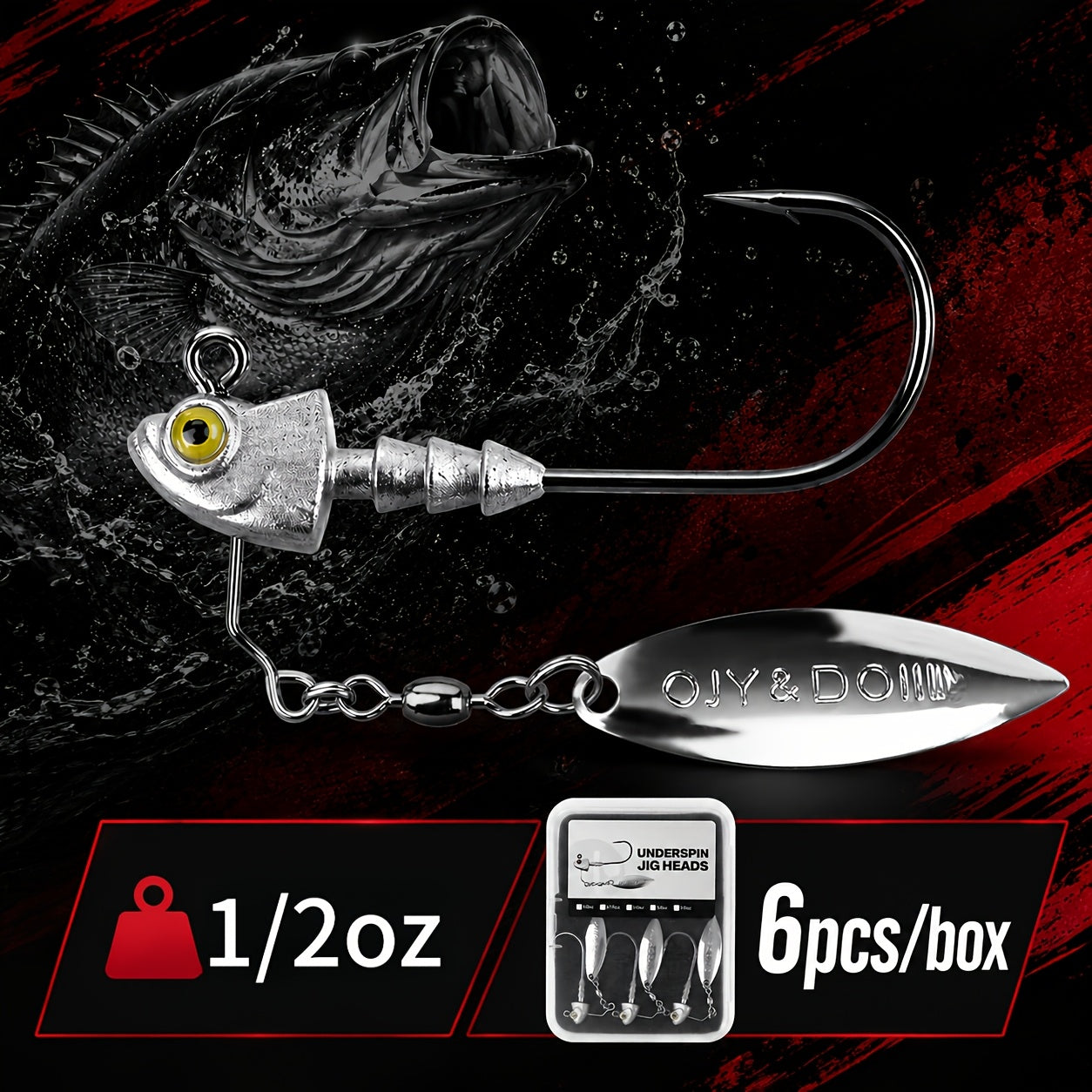 Underspin Jig Heads 6-Pack 100% Brass Blade Never Rust Bass Walleye Saltwater Fishing Lure 3/16oz 1/4oz 3/8oz 1/2oz Silver Swimbait Jig Head Set
