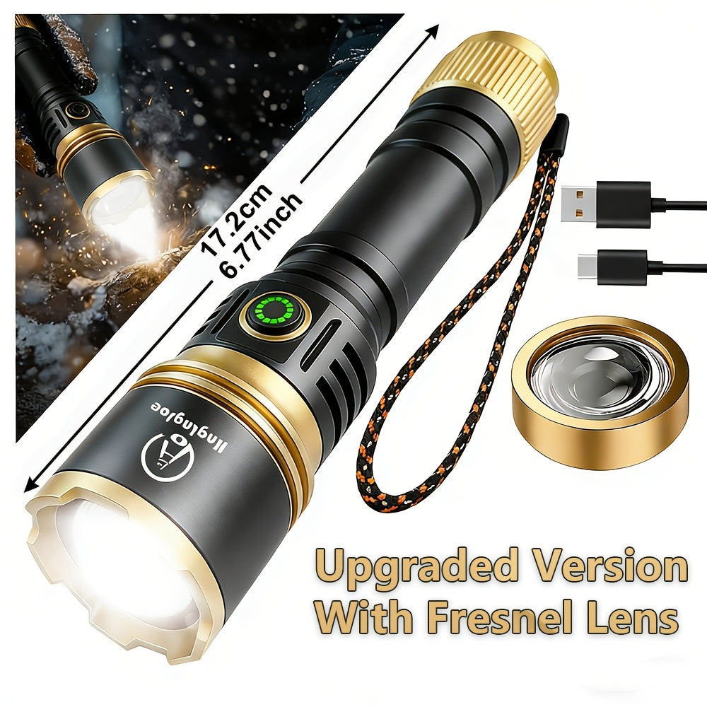 4500 Lumen Aluminum Flashlight with Fire Starter & Fresnel Lens – 21700 Rechargeable Outdoor Survival Torch for Camping Fishing Night Riding Power Outage, Adjustable Beam