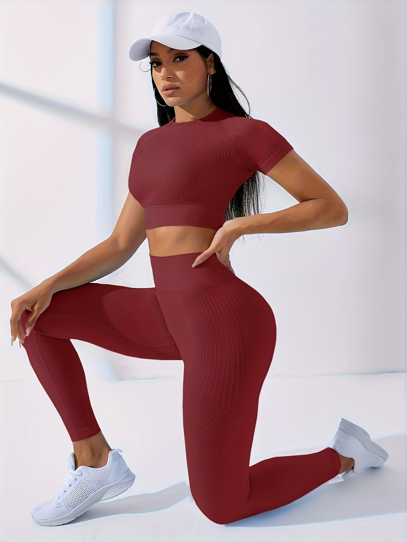 2PCS Women's Workout Set – Yoga Crop Top & Leggings, Crew Neck, Medium Stretch, Solid Color All-Season Activewear, XS-XL