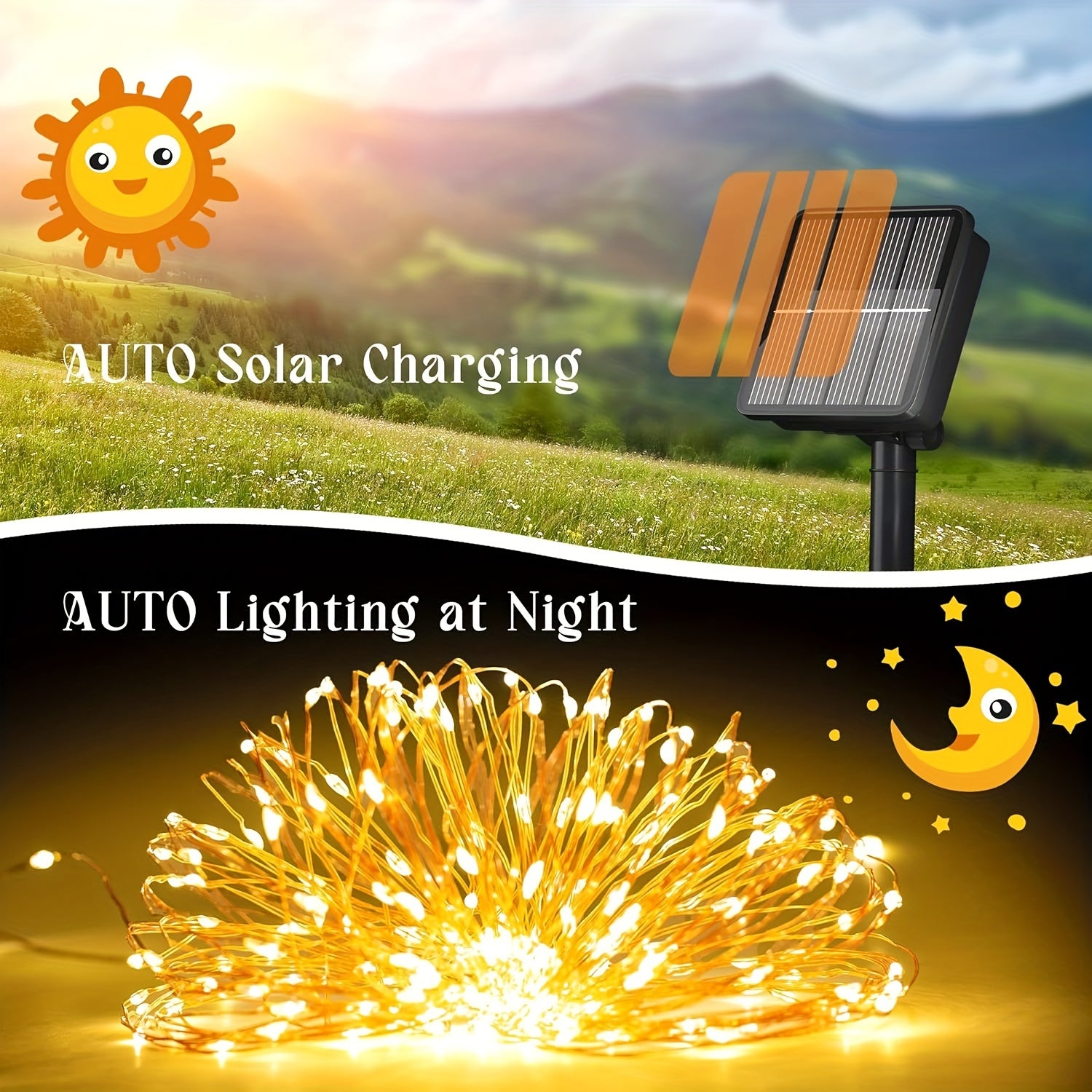 Solar String Lights Outdoor 2 Pack – 300 LED 104FT Copper Wire Fairy Lights, 12 Modes, IP65 Waterproof, Warm White for Garden Yard Tree Patio Wedding Christmas Party