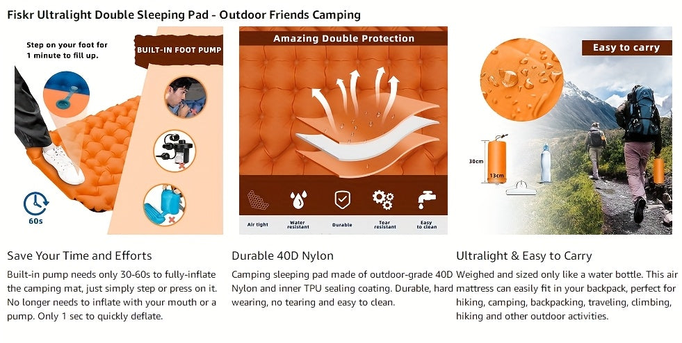 Inflatable Camping Sleeping Pad – Ultralight Nylon TPU with Built-In Pump, Single & Double Size, Self-Inflating Option for Backpacking, Hiking, Tent & Travel, Orange & Blue