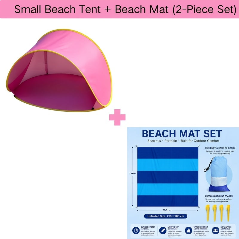 Pop-Up Beach Tent with UV Sun Protection – Portable Quick Setup Sun Shade Shelter for Beach Camping Hiking Travel Family Outings Optional Beach Mat Bundle Blue Pink