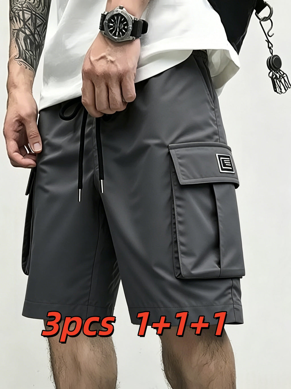 Men's Cargo Shorts 3-Pack Multi-Pocket Bermuda – Elastic Waist Drawstring Loose Knee-Length, Lightweight Breathable Outdoor Shorts for Camping Hiking Jogging Street Lounge S-XXXL