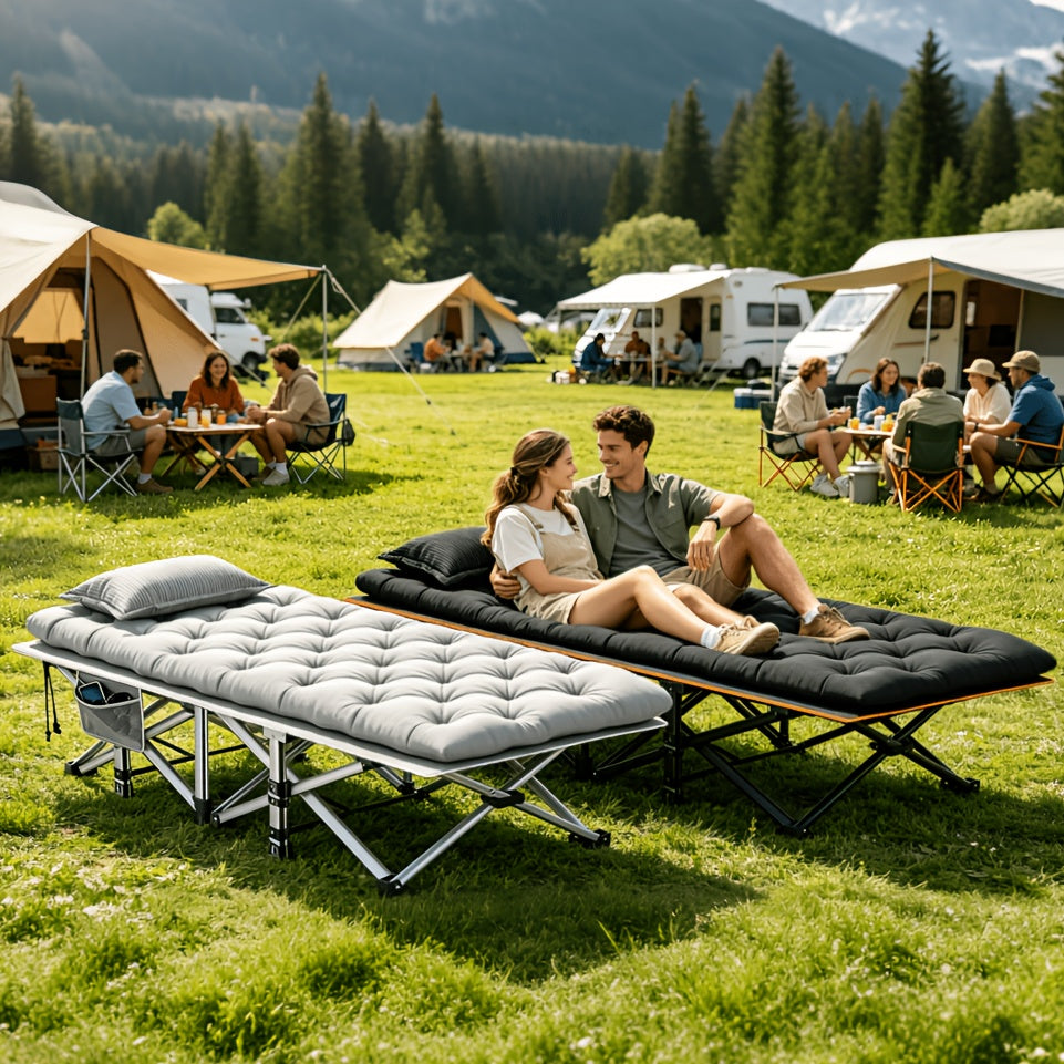 Extra Large Folding Camping Cot Bed with Mattress Option – Heavy Duty 355–750 lbs Capacity Portable Guest Bed for Adults – Foldable Sleeping Cot for Camping Travel Indoor Outdoor Use 59–77 Inch