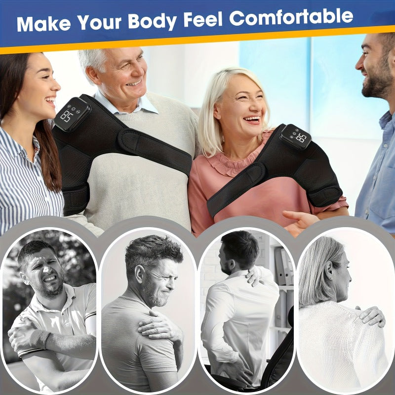 Cordless Heated Shoulder Massager with Vibration - Heating Pad for Shoulder, Elbow & Knee Pain Relief, 3 Heat Levels, 3 Vibration Modes, LED Touch Screen, Gift for Parents & Seniors