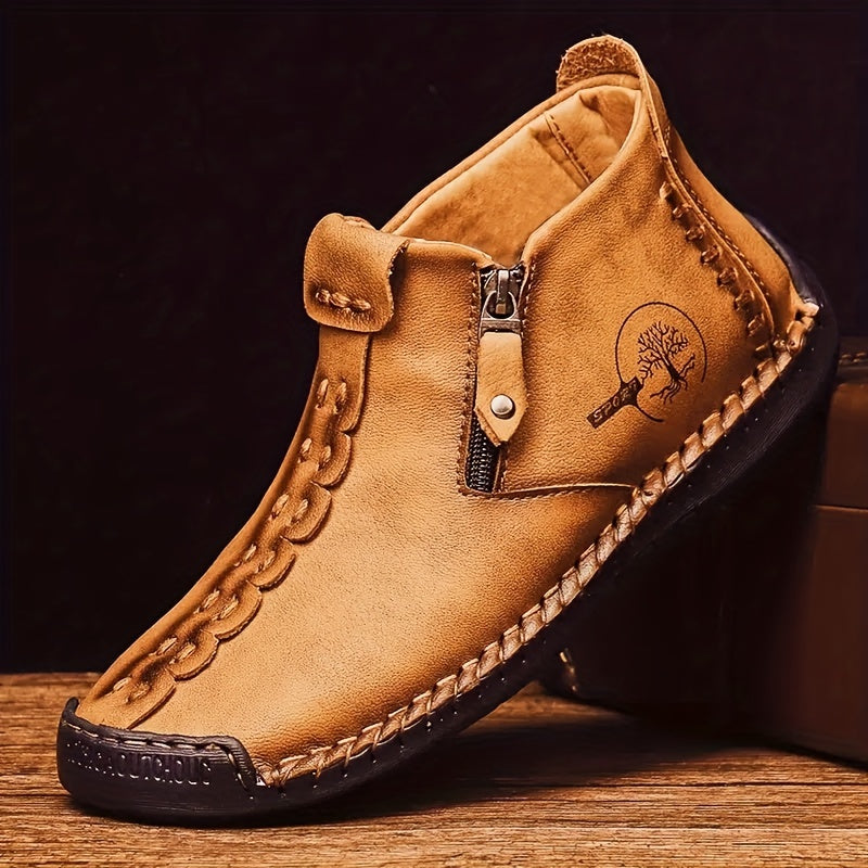 Men's Ankle Boots Slip-On Casual Loafers Shoes Hand Stitching Outdoor Work Boots for Men Comfortable Non-Slip Walking Shoes