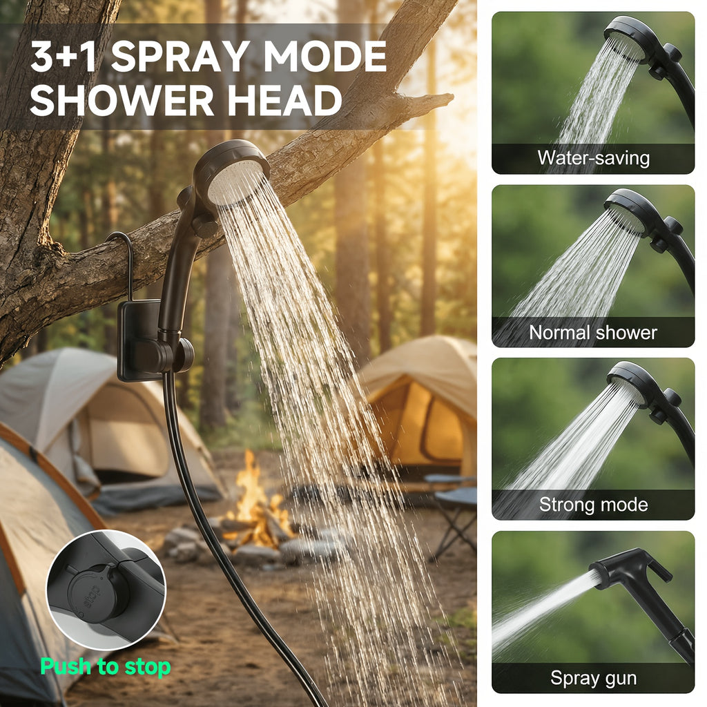 Portable Camping Shower 6000mAh Rechargeable Pump – IPX7 Waterproof, 4 Spray Modes, Outdoor Shower Kit for Camping Hiking Beach Pet Car Washing, Gift for Outdoors Lovers