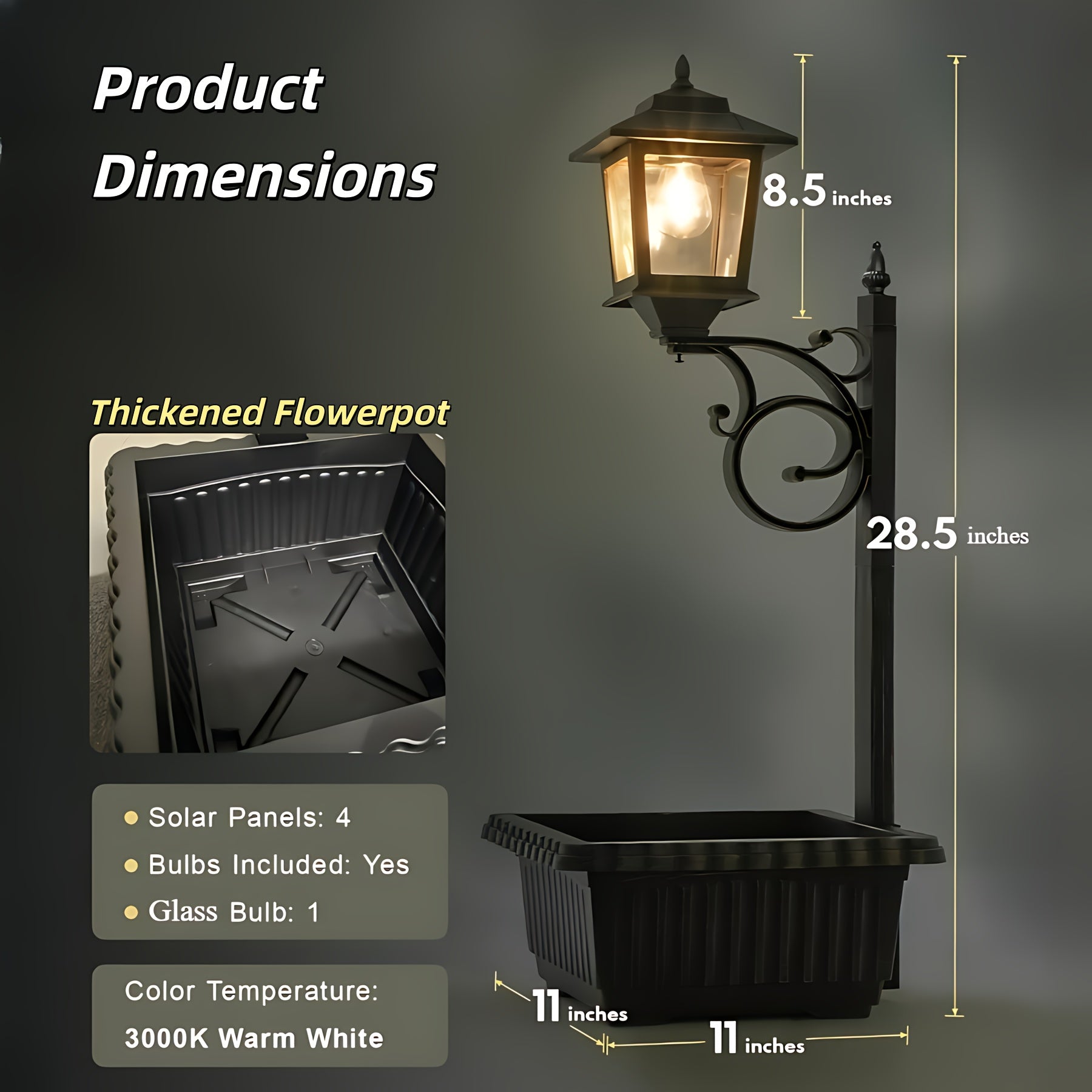 Solar Flower Pot Lamp Post Light Outdoor 2-in-1 – Glass Lampshade & Bulb, IP44 Waterproof, Wall Mount or Floor Standing, Decorative Garden Patio Lawn Front Door Light (1 or 2 Pack)