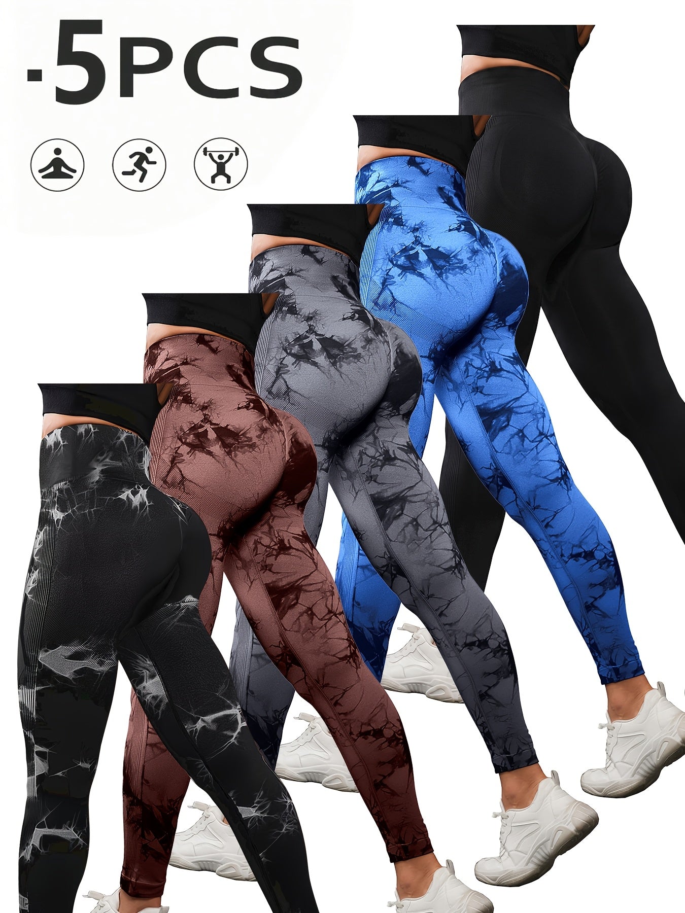 Women's High Waist Leggings 5-Pack Tie Dye Soft Supportive Workout Pants for Running Yoga Gym Pilates Stretch Athletic Tights S M L Multicolor