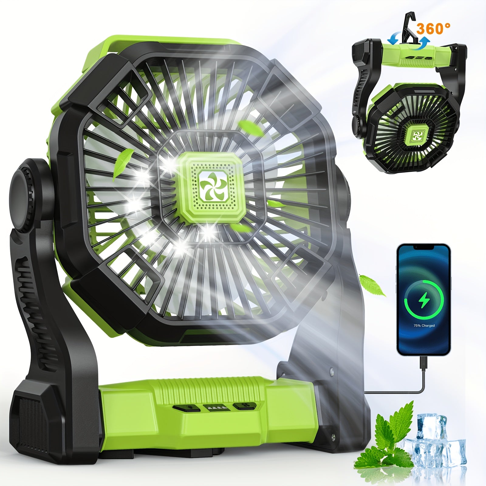 3-in-1 Portable Camping Fan with LED Light & Phone Charger - Rechargeable Battery Tent Fan with Hooks - Desktop Cooling Fan for Camping Patio Travel Sports Events Power Outages