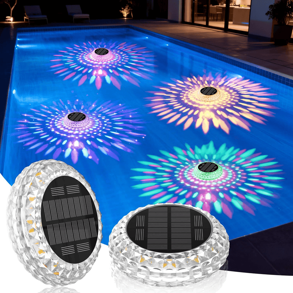Solar Floating Pool Lights 2 Pack IP67 Waterproof, 7 Color Changing LED Underwater Light 2 Modes for Inground Above Ground Pool Hot Tub, Solar Powered Pool Decoration Night Light