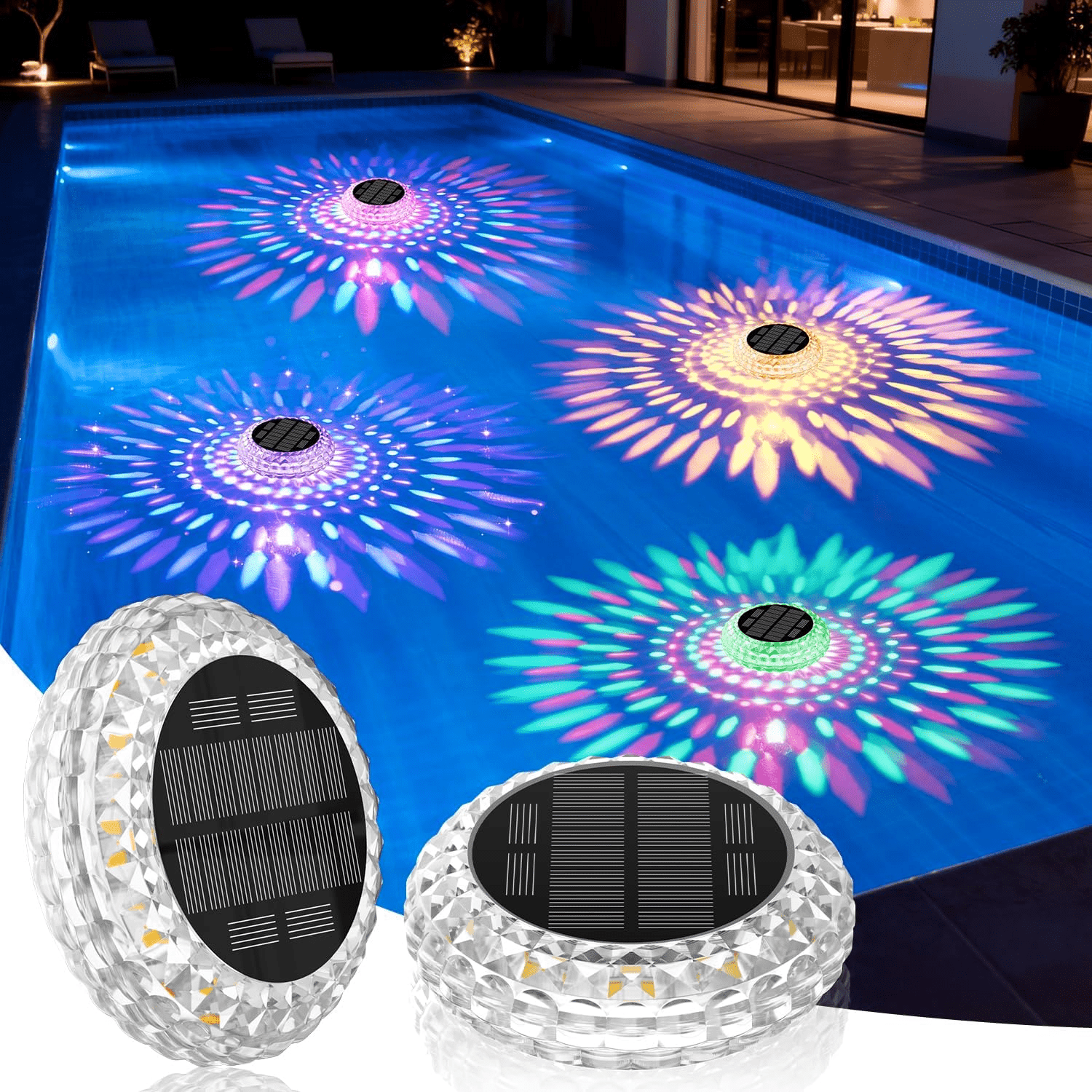 Solar Floating Pool Lights 2 Pack IP67 Waterproof, 7 Color Changing LED Underwater Light 2 Modes for Inground Above Ground Pool Hot Tub, Solar Powered Pool Decoration Night Light