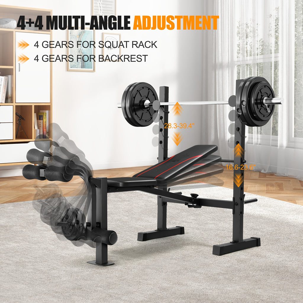 Weight Bench Set with Squat Rack – Adjustable Foldable Workout Bench Press, Leg Developer & Preacher Curl Pad for Home Gym Full Body Training | 800–1200 LBS Capacity | Black, Red, Pink