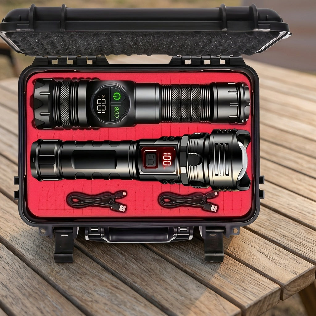 Ultra Bright LED Flashlight 2-Pack High Power COB Side Light USB Fast Charging Zoomable - Multiple Modes for Camping Cycling Fishing Emergency Exploration, Men's Gift